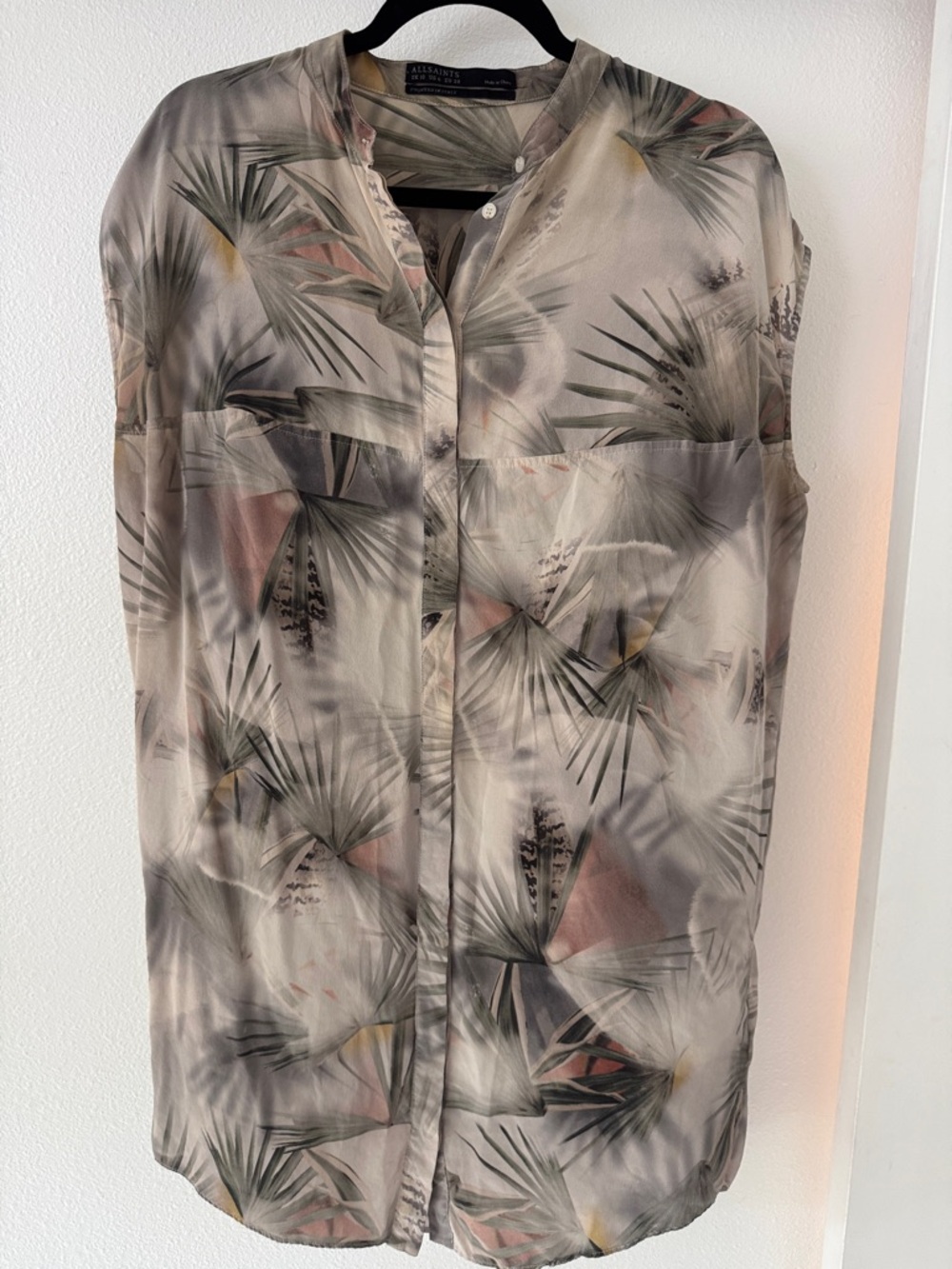 AllSaints Palm Print Silk Button-Up Blouse Dress - Soft Neutrals
